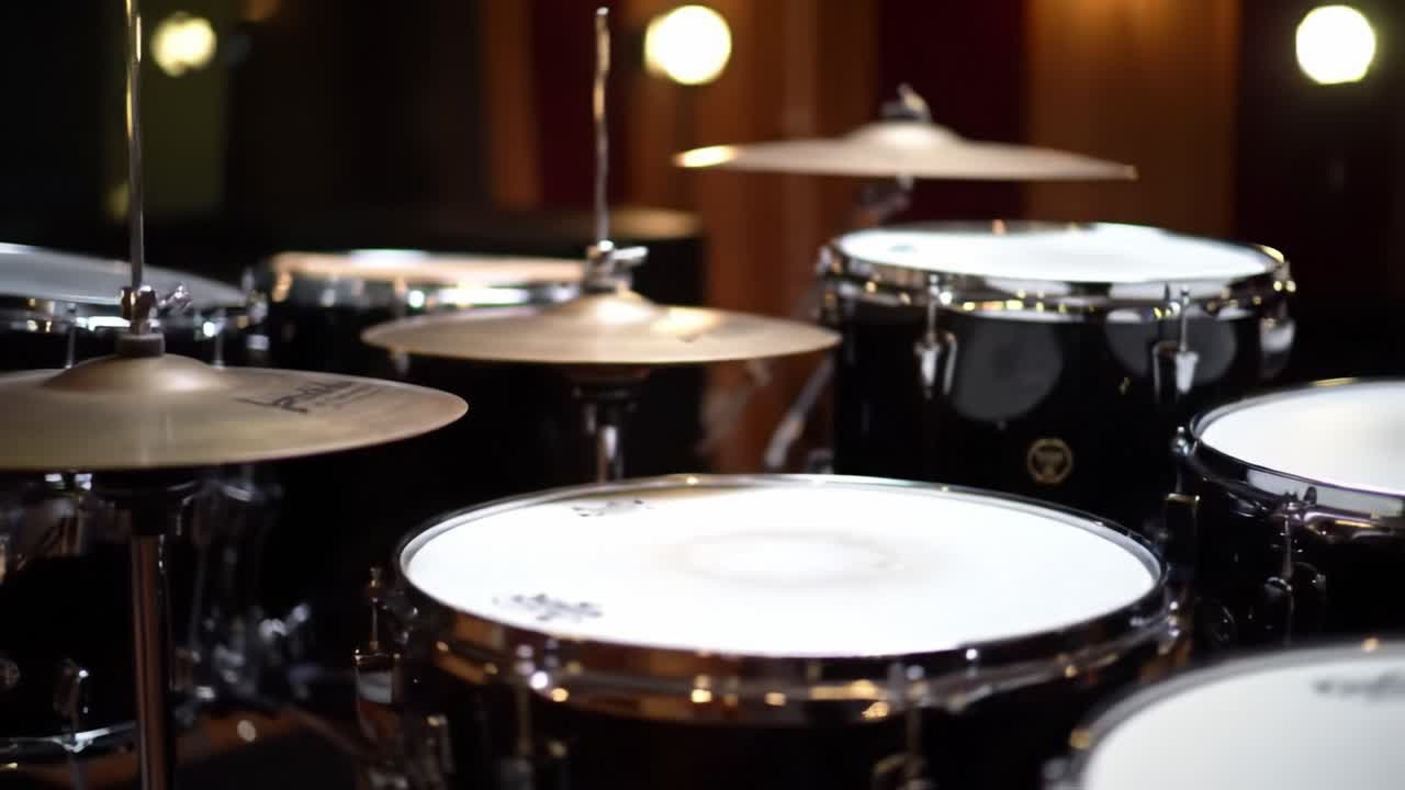 Experience the dynamic sounds of a professional drum set being played in a recording studio. The atmosphere is electric as each beat resonates through the space, showcasing skillful musicianship.