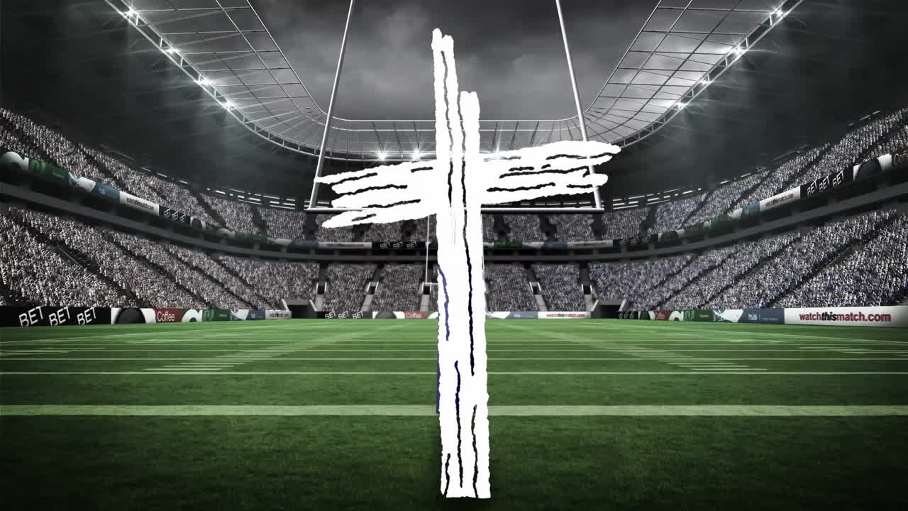 White cross animation over football stadium with empty field and stands