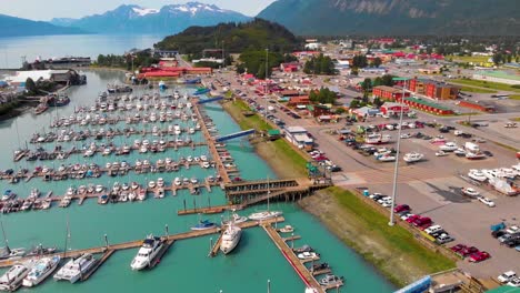 4K-Drone-Video-of-Fishing-Boats-in-Valdez-Harbor-in-Valdez,-Alaska-during-Sunny-Summer-Day