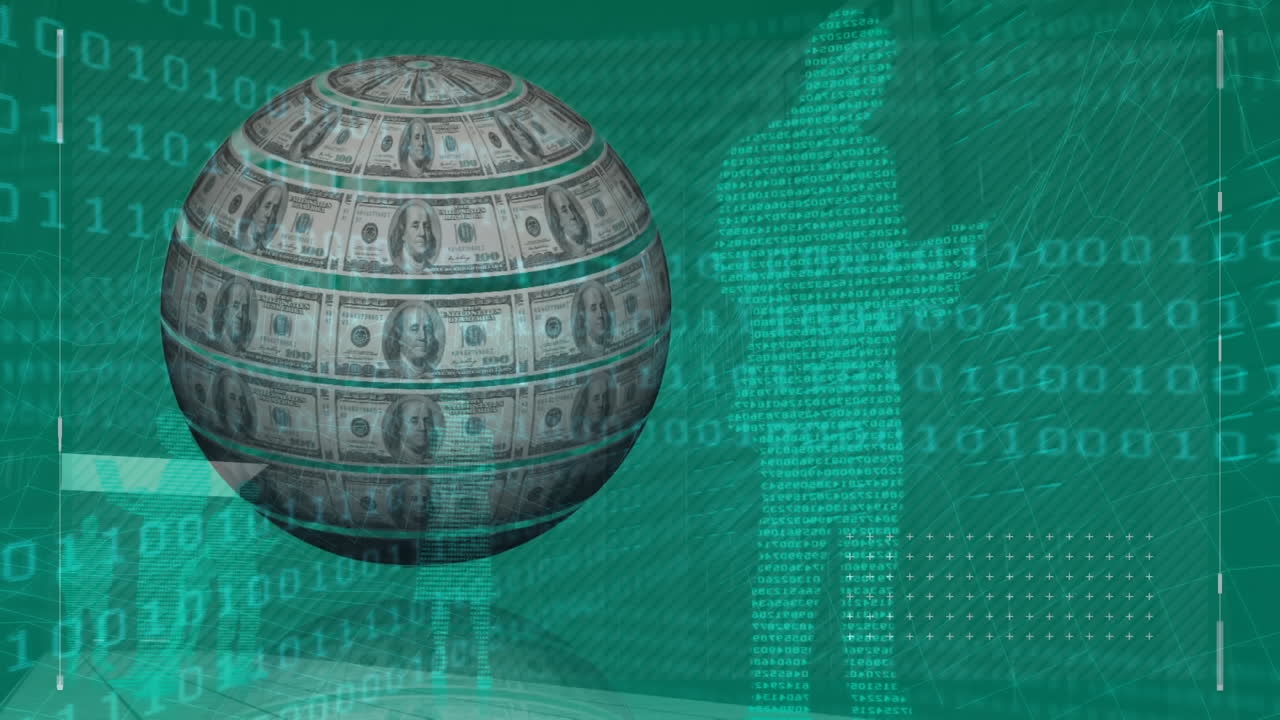 animación de un globo con billetes de dólar en el procesamiento de datos sobre fondo verde