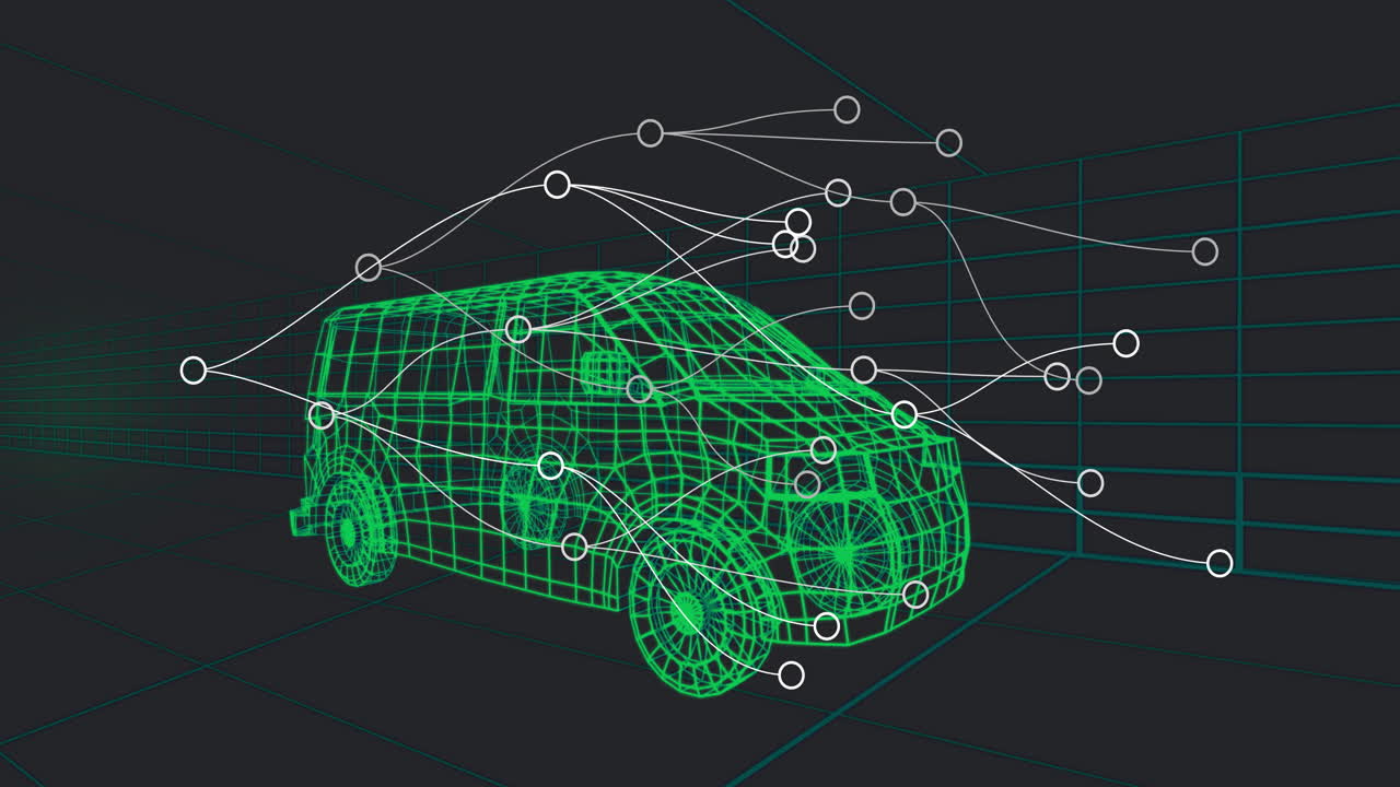 Green wireframe SUV model being rendered in 3D CAD simulation, linking white nodes via curved lines