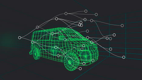 green wireframe suv model being rendered in 3d cad simulation, linking white nodes via curved lines