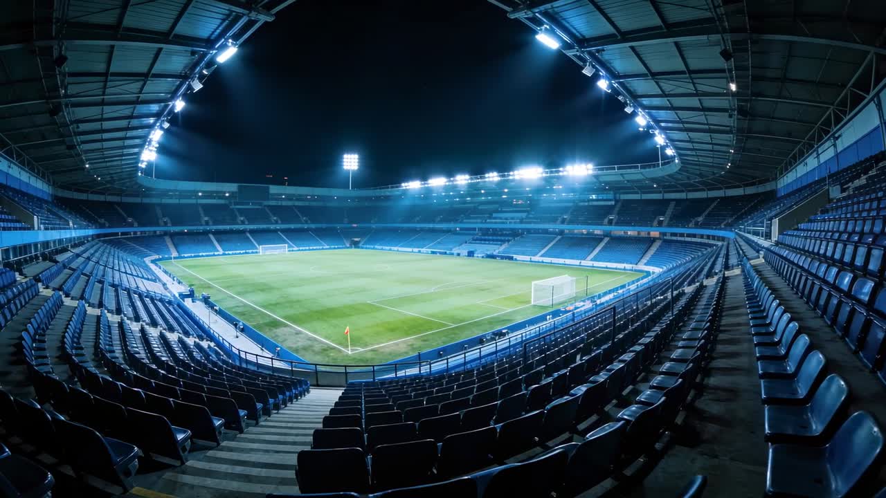 Telecamera che si muove in avanti lungo il corridoio centrale di uno stadio, rivelando il campo da gioco e la bandierina d'angolo.