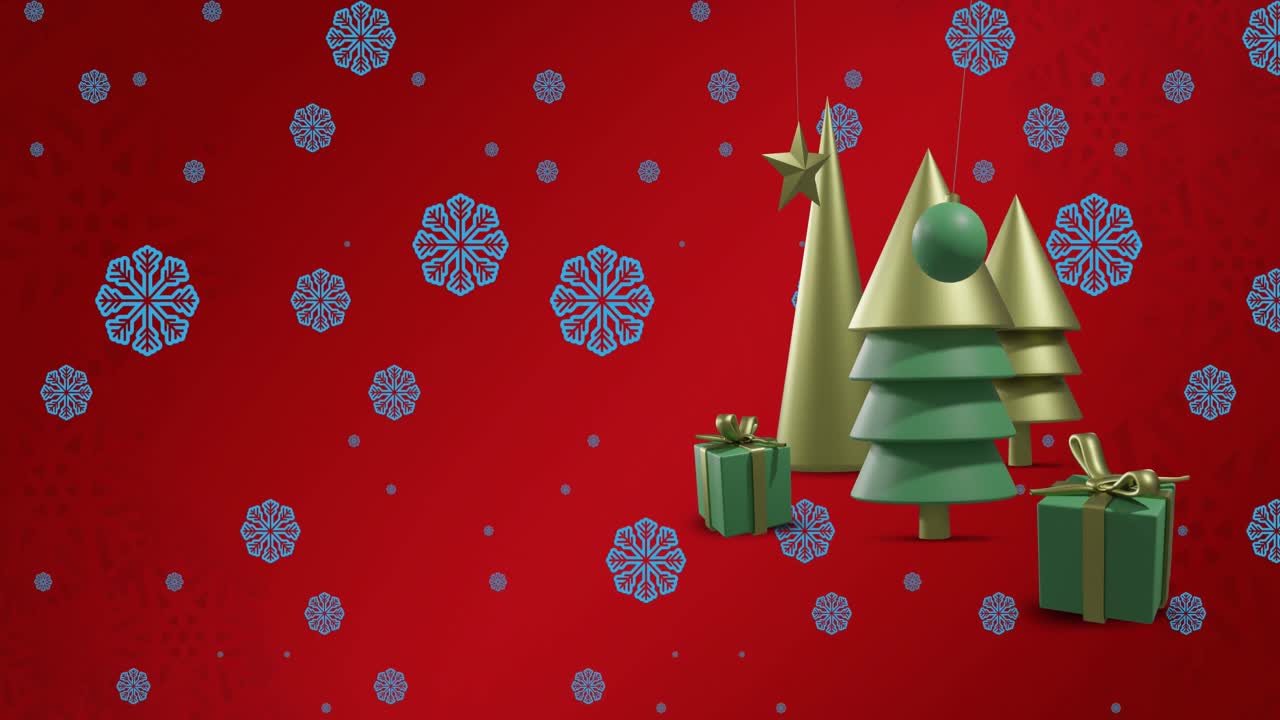 animación de árboles de navidad y decoraciones sobre fondo rojo