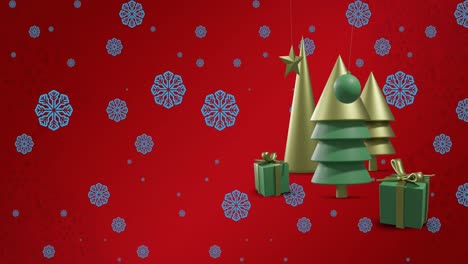 Animación-De-árboles-De-Navidad-Y-Adornos-Sobre-Fondo-Rojo.