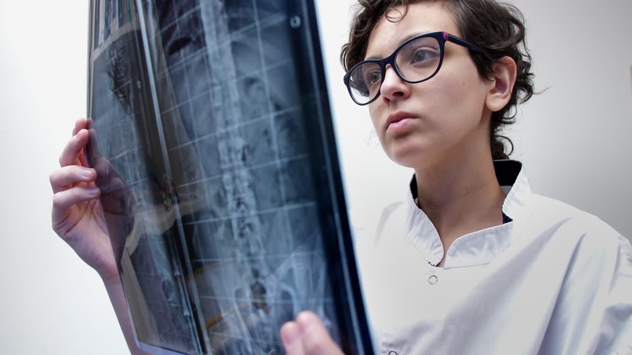 Dotteressa che esamina una pellicola radiografica in uno studio medico.
