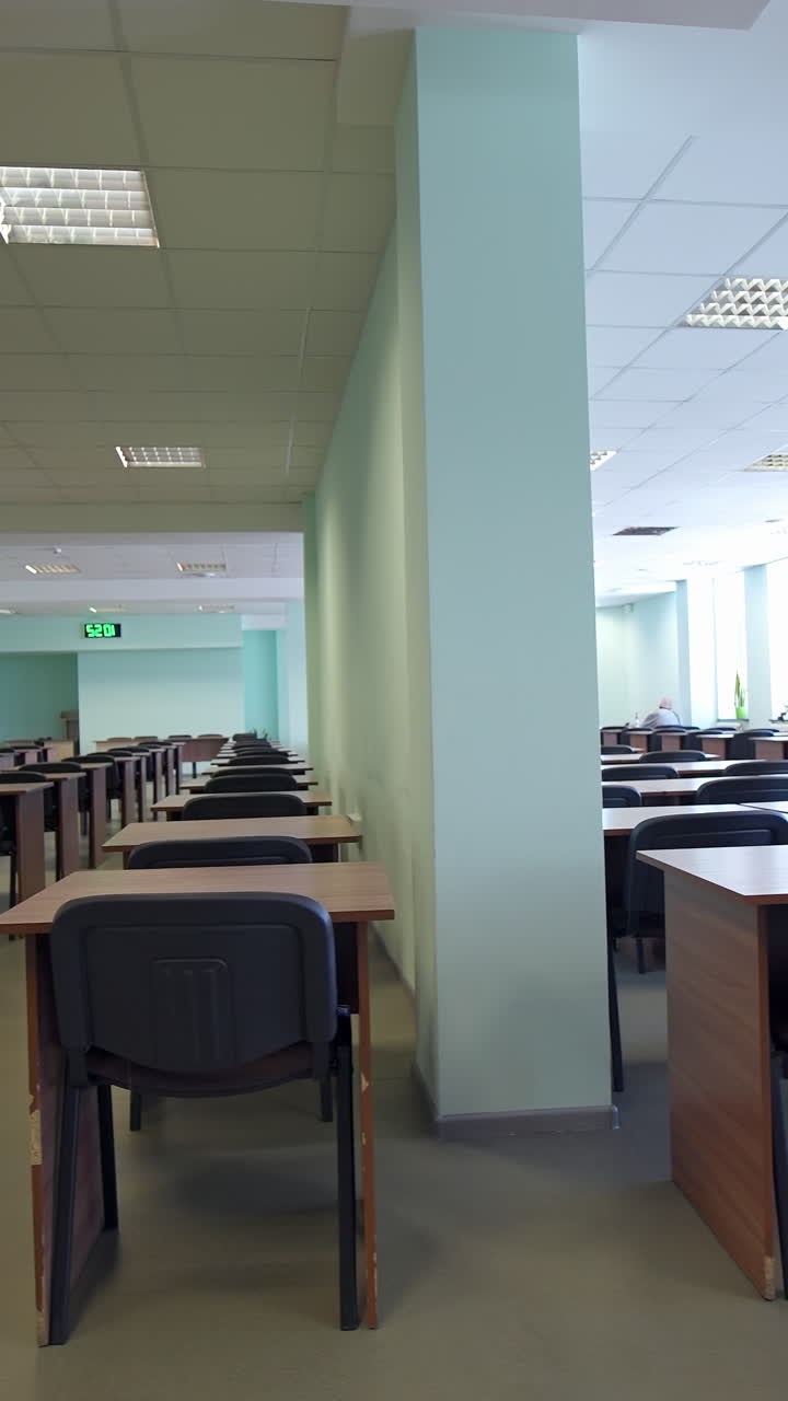 Empty interior of classroom. Front view of modern classroom interior. Vertical video