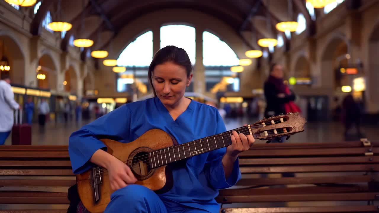 Woman playing guitar at a train station