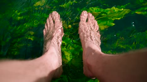 close-up view barefoot relaxing on freshwater lake river with plants and algae reflections