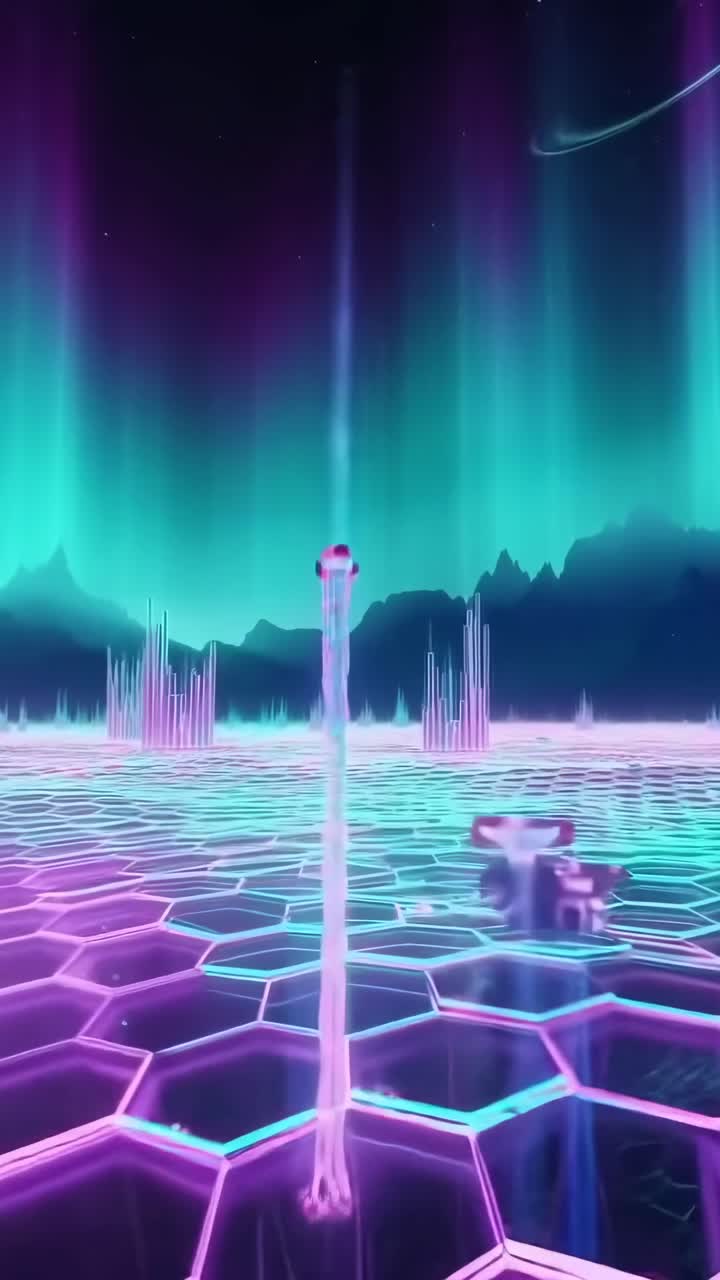 Futuristic video with a low-angle view of neon hexagons and glowing cityscape under auroras