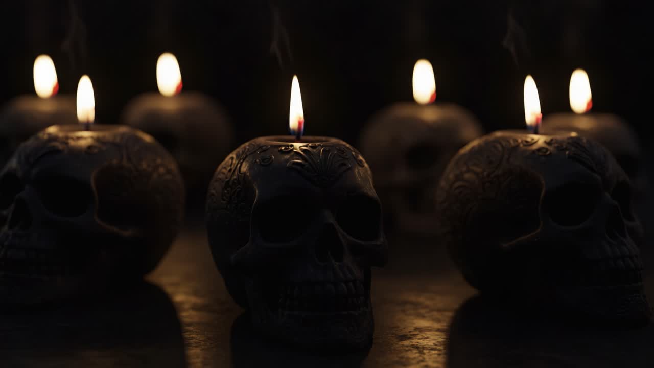 A hauntingly captivating arrangement of intricately designed skull candles, flickering with soft flames, creates an eerie and atmospheric ambiance perfect for dark themes and moods