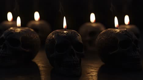 a hauntingly captivating arrangement of intricately designed skull candles, flickering with soft flames, creates an eerie and atmospheric ambiance perfect for dark themes and moods