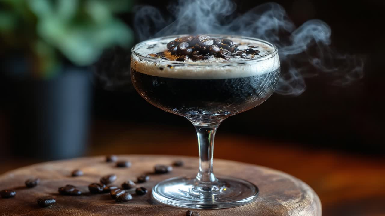 A Captivating Coffee Cocktail Adorned with Aromatic Coffee Beans and a Silky Foam, Exuding a Dreamy Smoke, Perfect for Unique Celebrations and Moments of Indulgence