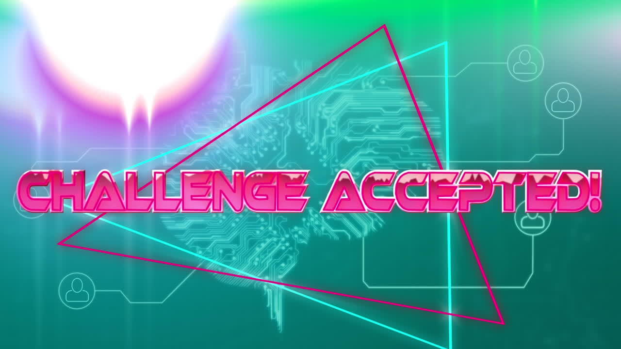 초록색 컴퓨터 메인보드에 네온 라인을 통해 분홍색 금속 텍스트 도전의 애니메이션이 받아들여졌습니다.