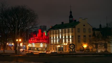 cinematic quebec city canada cold winter evening night time downtown center quai lookout point st lawrence river street church peaceful snow on ground still movement