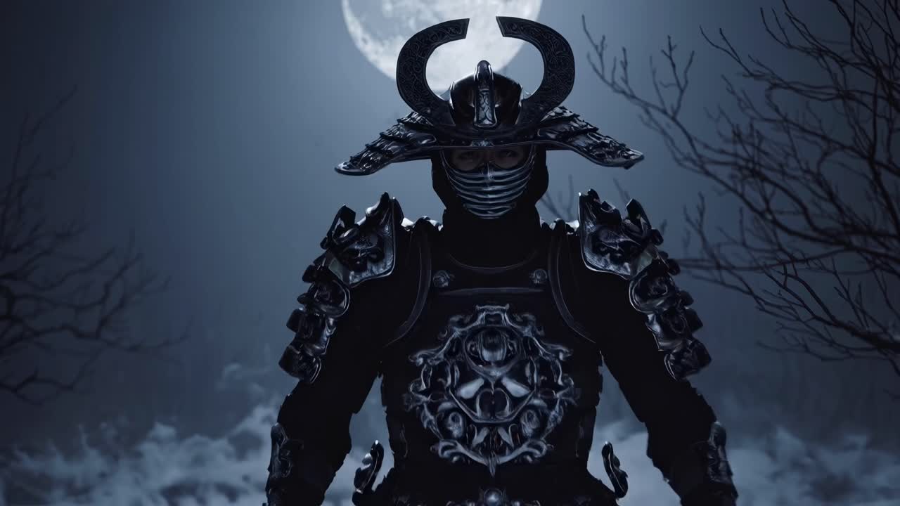 A samurai in ornate armor stands under a full moon, surrounded by bare trees