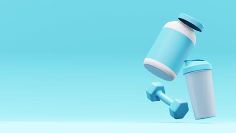 3d barbells with jar of protein powder against blue background