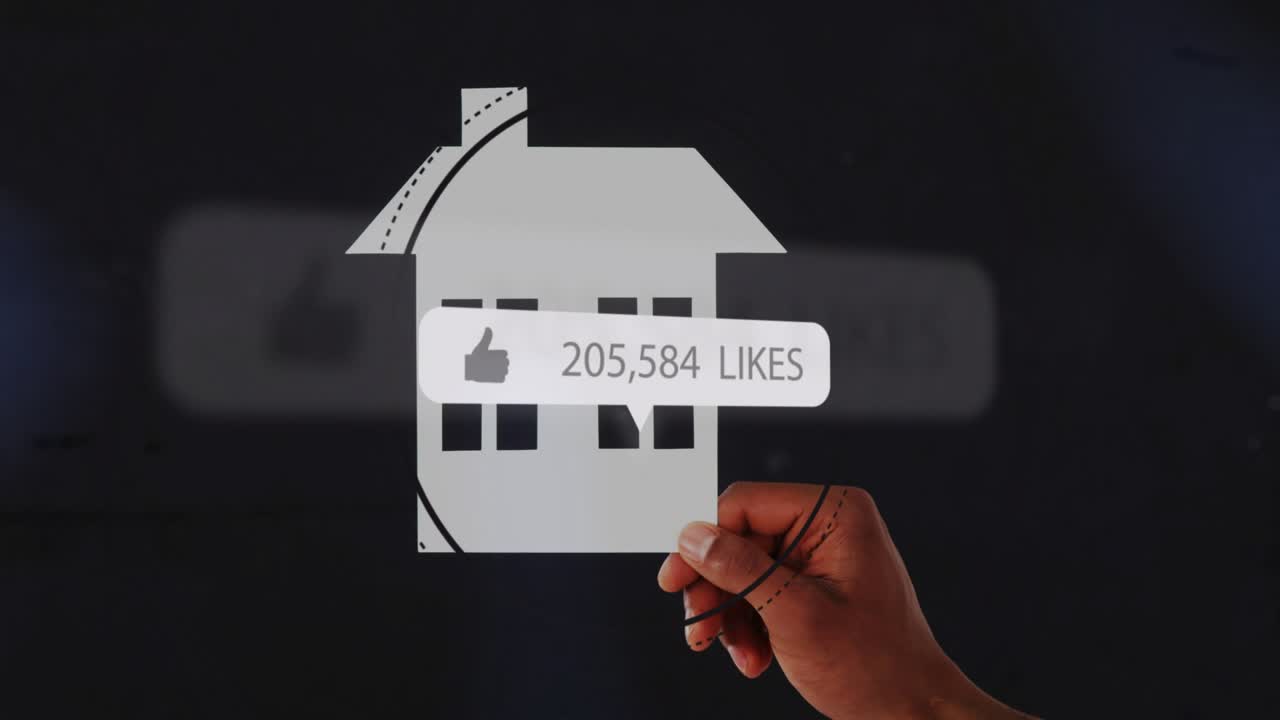 Maison en papier apparaissant progressivement, main droite la tenant, comme un badge flottant au-dessus montrant un essor immobilier