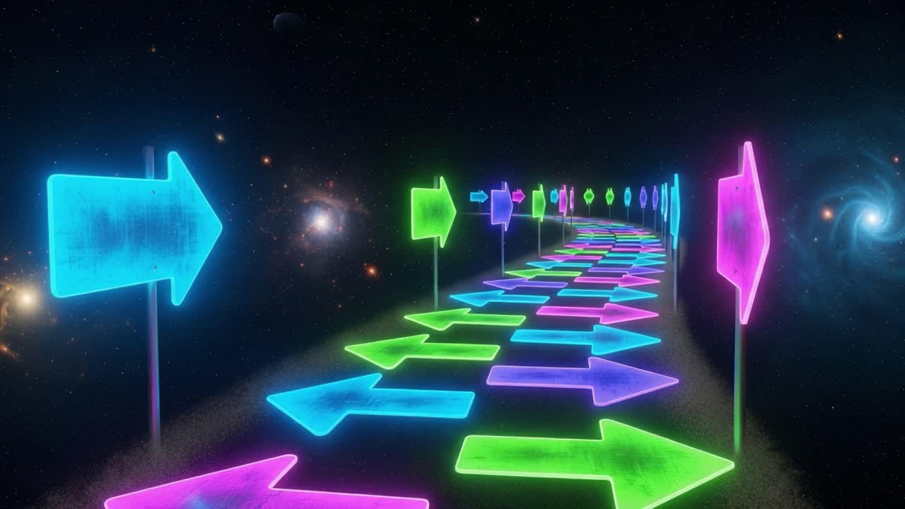 A Vibrant Pathway of Neon Arrows Illuminates a Cosmic Journey Through Space, Guiding the Way with Colorful Direction Amidst a Starry Backdrop