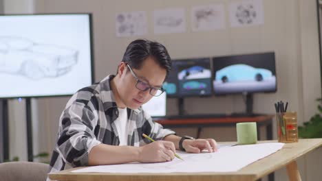 side view of asian male working on a paper about car design sketch on table in the studio with tv and computers display 3d electric car model