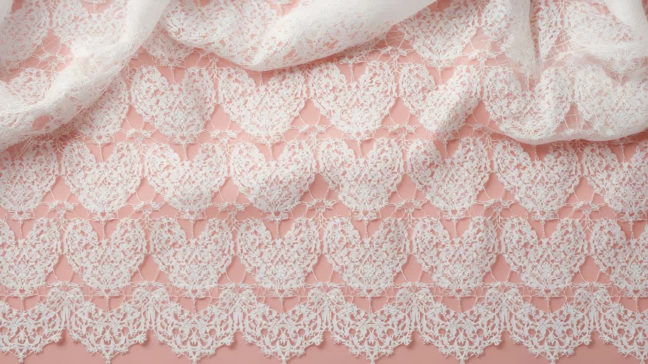 Sekvensstart, skiftende hvide blonder afslører hjertemotiver, takket kant på pink base for detaljer