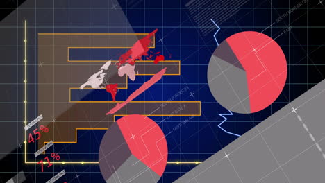 animation of world map with pie charts and geometric shapes for data visualization