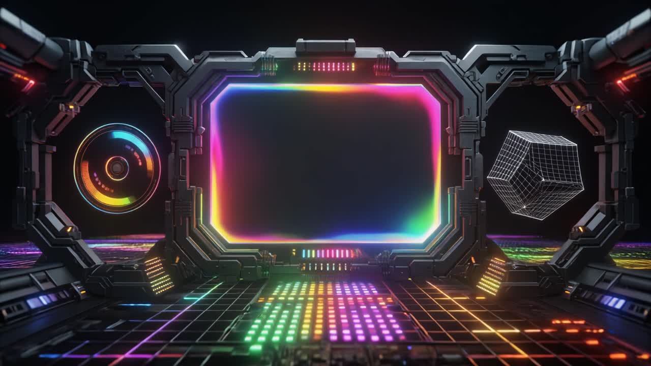 Futuristisk Digital Grænseflade med Glødende Neonlys og Roterende Wireframe-kube