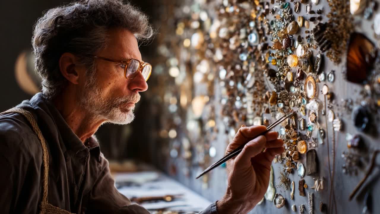 Intricate Craftsmanship: An Artisan Dedicates Time and Skill to Creating Beautiful Jewelry and Metalwork Against a Backdrop of Sparkling Gems and Delicate Designs