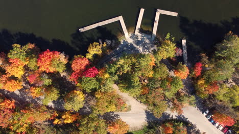 people walking along a pier on a nice sunny day with dreamy colorful autumn forrest