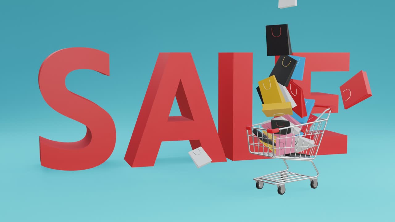 A realistic 3d animation video showing a shopping cart sliding into the scene with a large drop of products stack in concept, sale and discount marketing promotion.