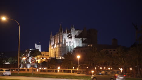 caminando por la concurrida calle frente a la catedral-basílica de santa maría de mallorca iluminada por la noche