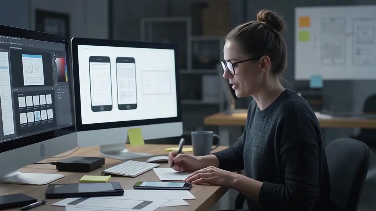 Designer UI donna che lavora al prototipo di un'app mobile in ufficio