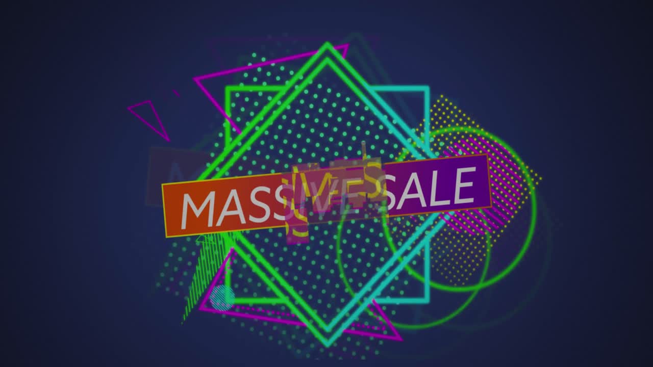 animación de texto de venta masiva sobre formas abstractas en fondo azul