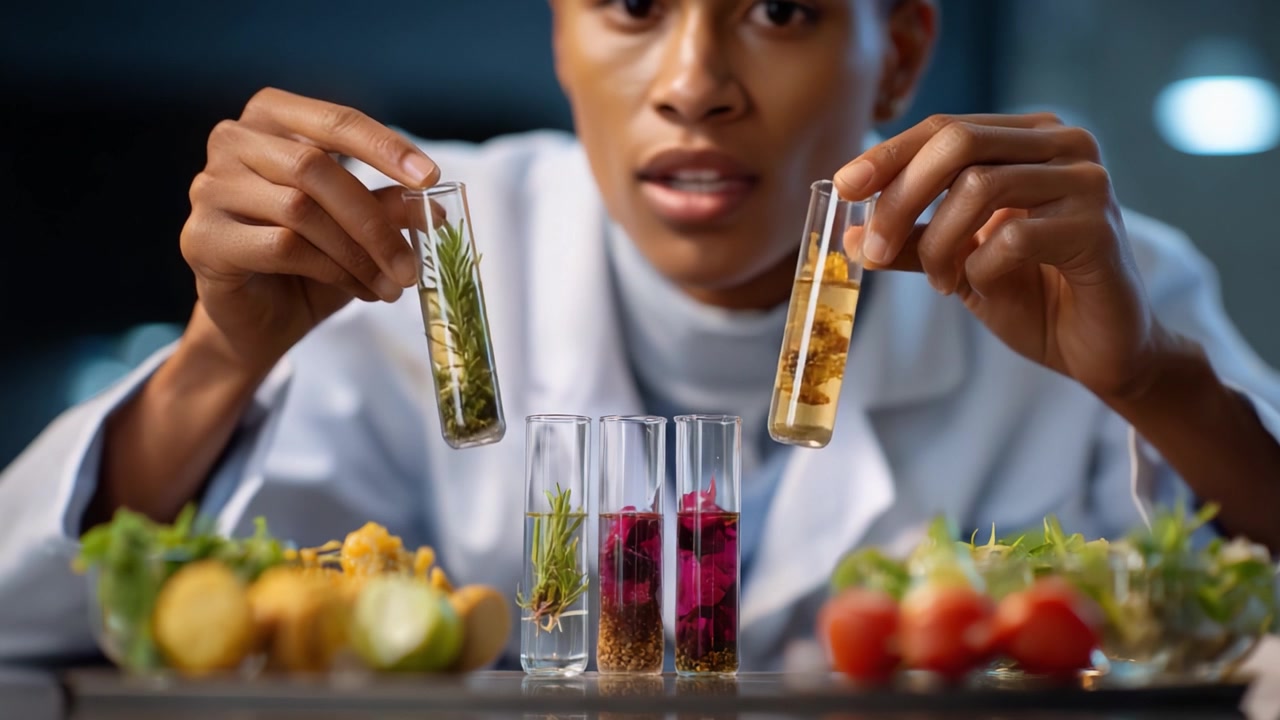 Giovane scienziato che conduce un esperimento con provette piene di ingredienti colorati, mostrando una miscela di erbe ed elementi naturali in un ambiente di laboratorio