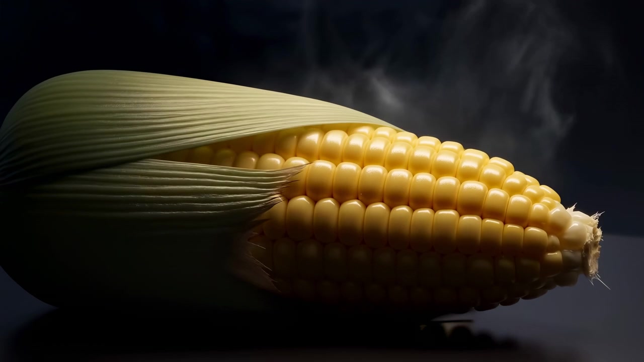 Corn no action observed static corn images, in dark background with smoke effect surrounding the corn, with corn, with corn kernels and husk texture, with yellow, green accents, clear detail.