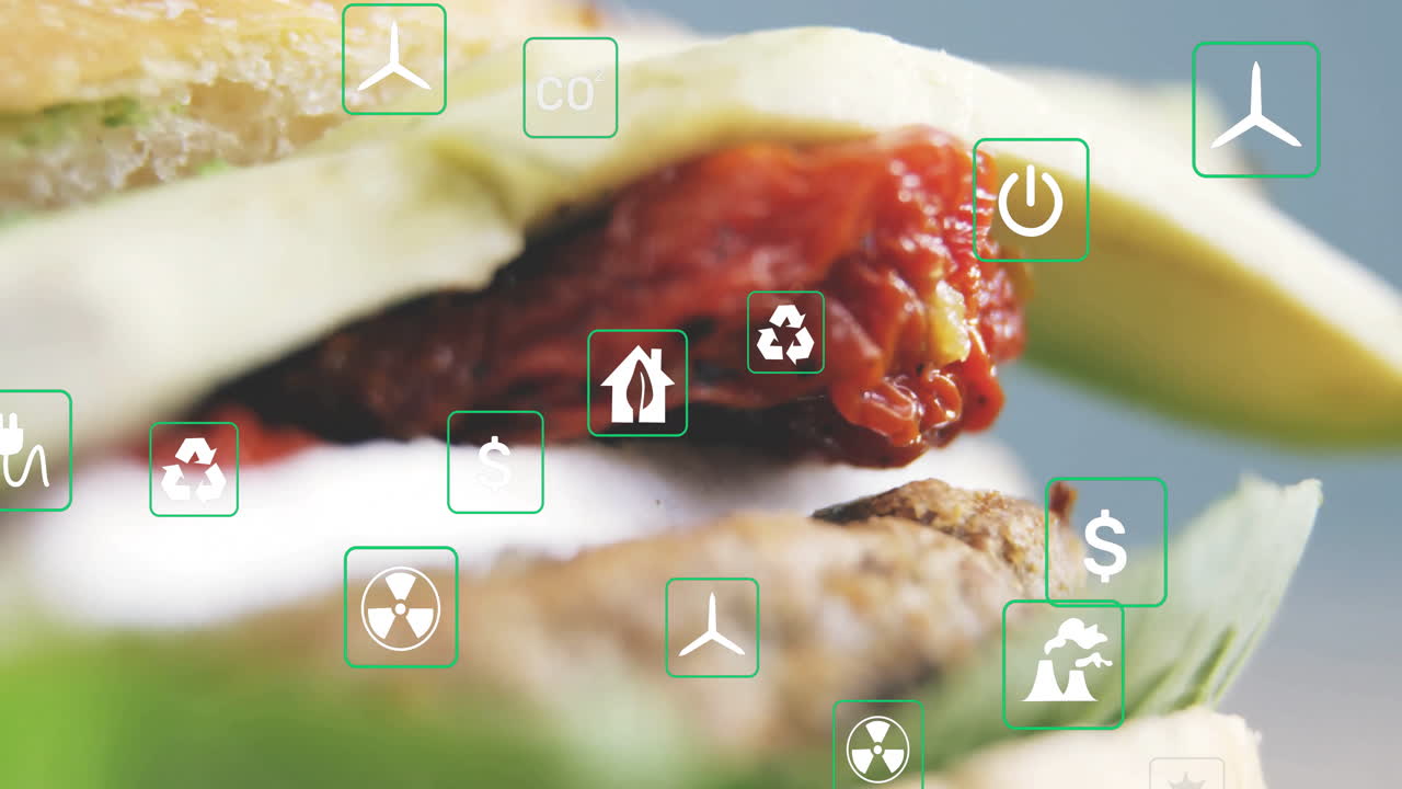 Animation of sandwich with environmental icons promoting sustainability and energy concepts