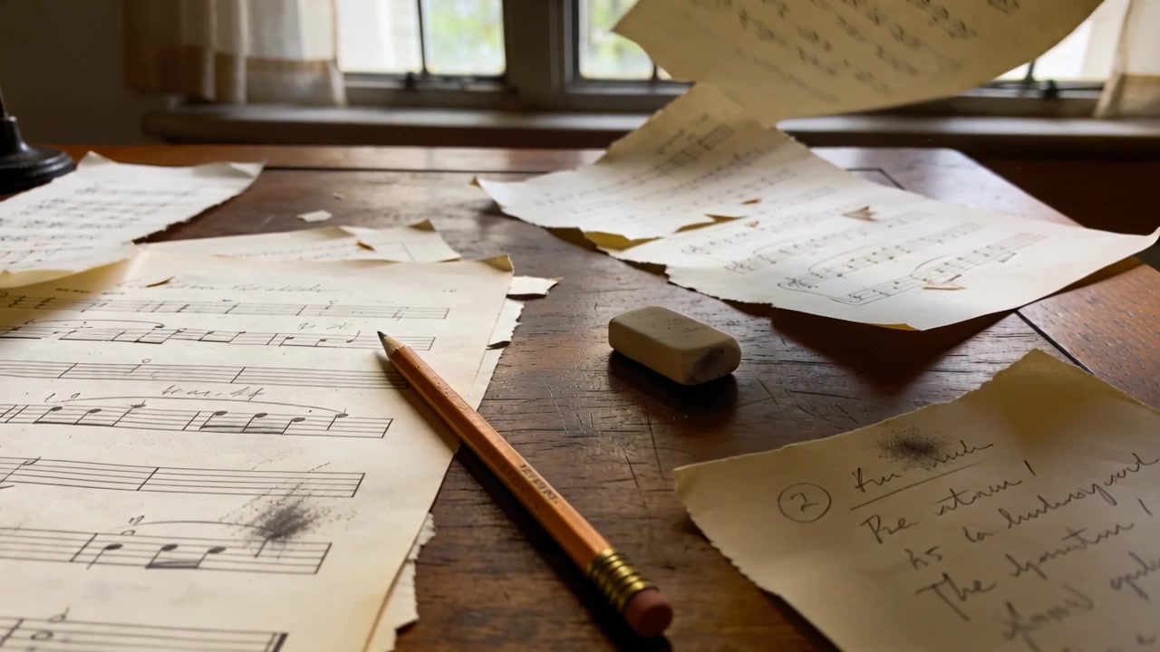 Fluttering music pages with pencil and eraser lifting and settling by paned window from draft