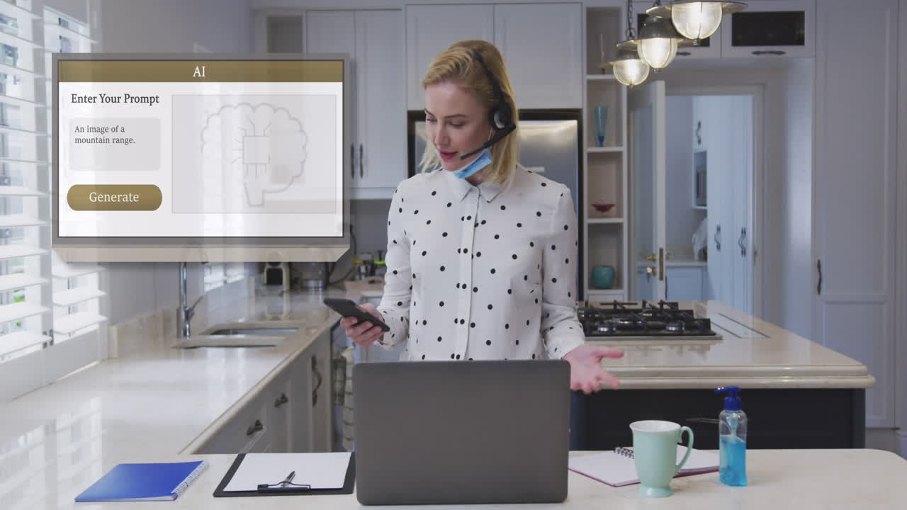 animación de ai texto y procesamiento de datos y mujer caucásica usando portátil.