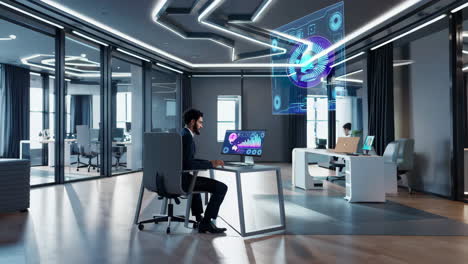 businessman working in a modern office with futuristic technology