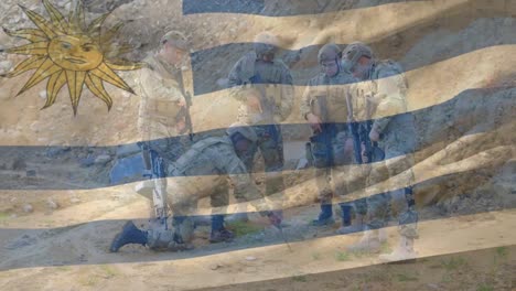 animation of flag of uruguay over diverse soldiers