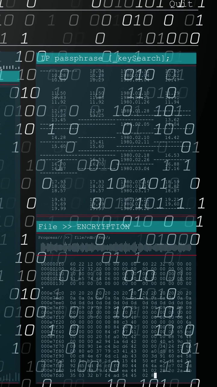 Teal terminal panel sitting center-right on monitor, showing IP passphrase, waveform and hex dump