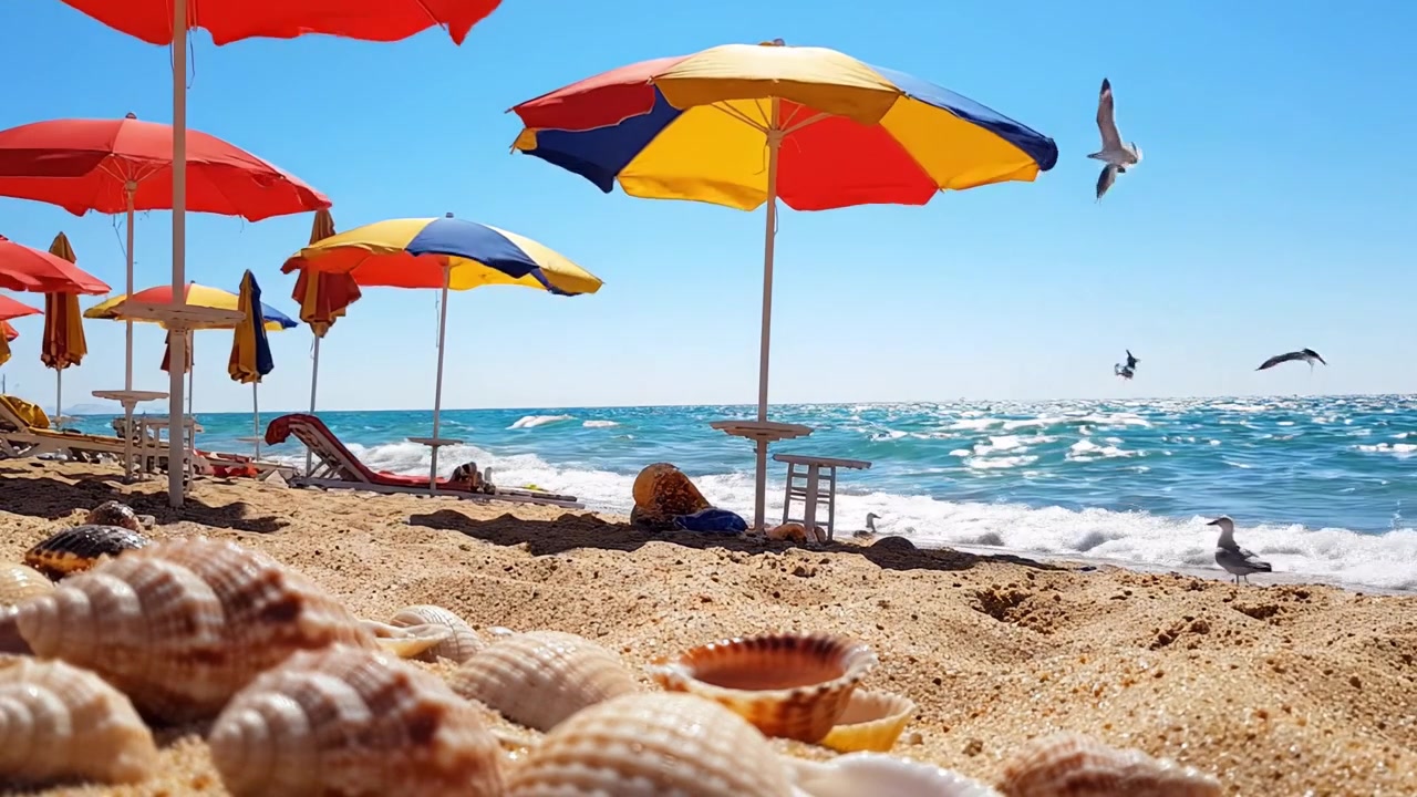 Serena scena sulla spiaggia con ombrelloni colorati, conchiglie delicate e onde scintillanti sotto un cielo azzurro brillante, perfetta per un'esperienza di fuga estiva rilassante