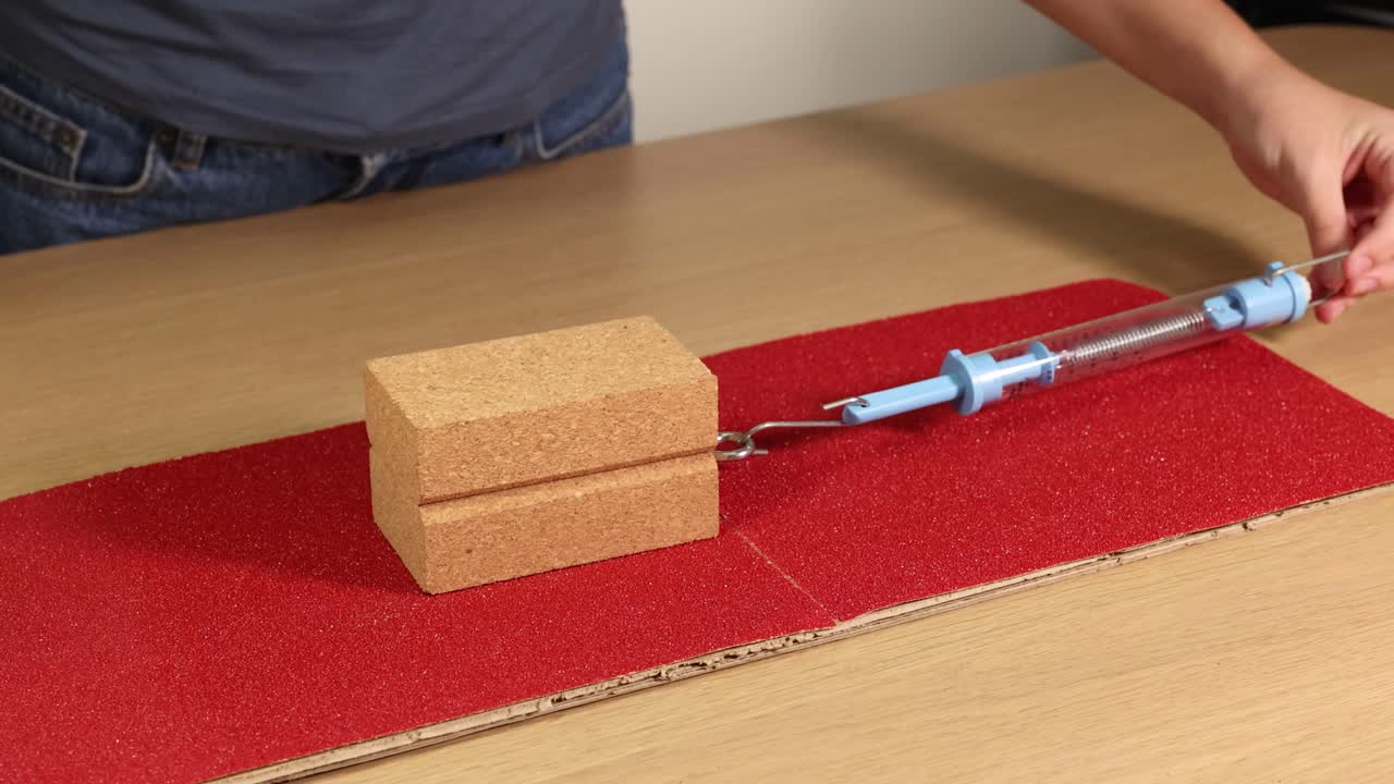 A hand pulls a wooden block across sandpaper using a spring scale, demonstrating friction and force measurement