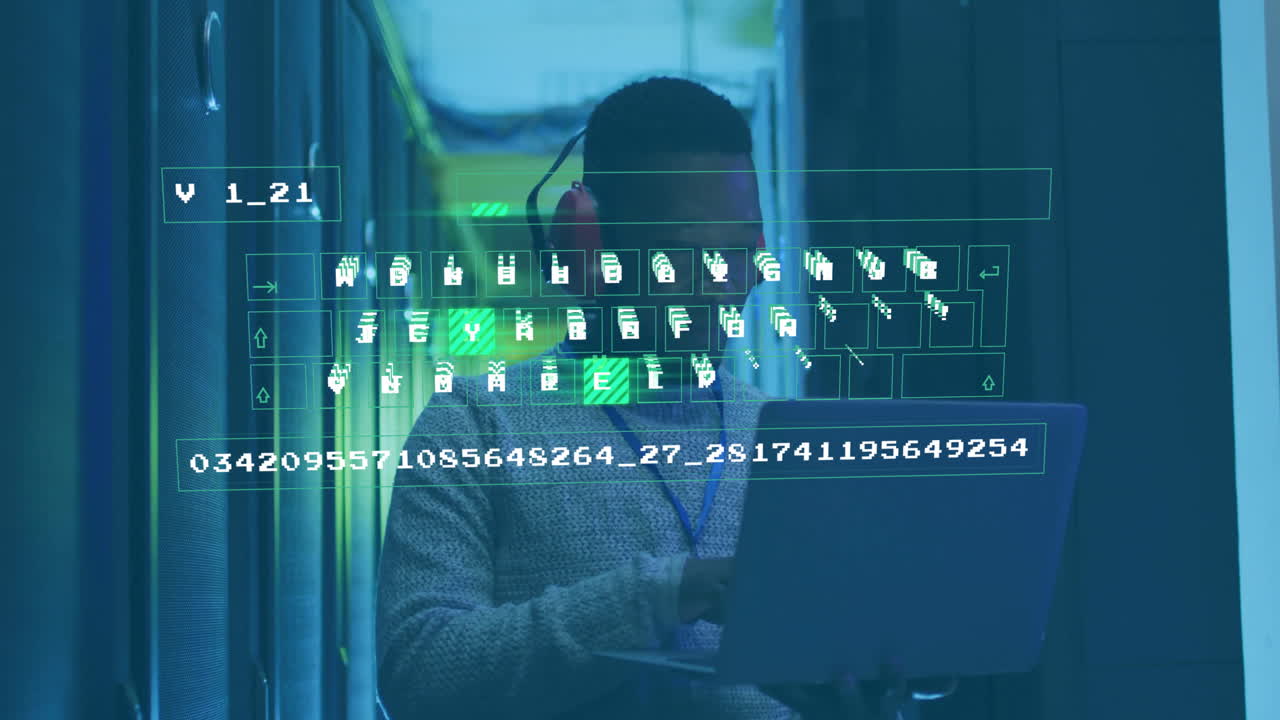 In server room, person working on laptop with digital code animation overlay