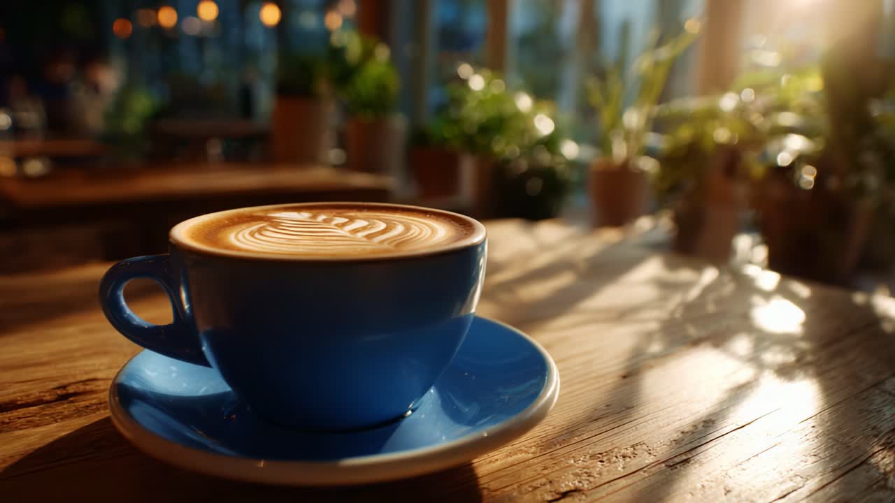 A Beautifully Crafted Latte in a Blue Cup, Showcasing Artful Foam Design and Warm Steam Rising Against a Cozy Cafe Setting with Lush Greenery