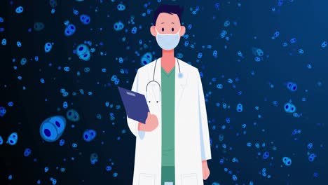 animation of caucasian male doctor in face mask over blue cells on navy background