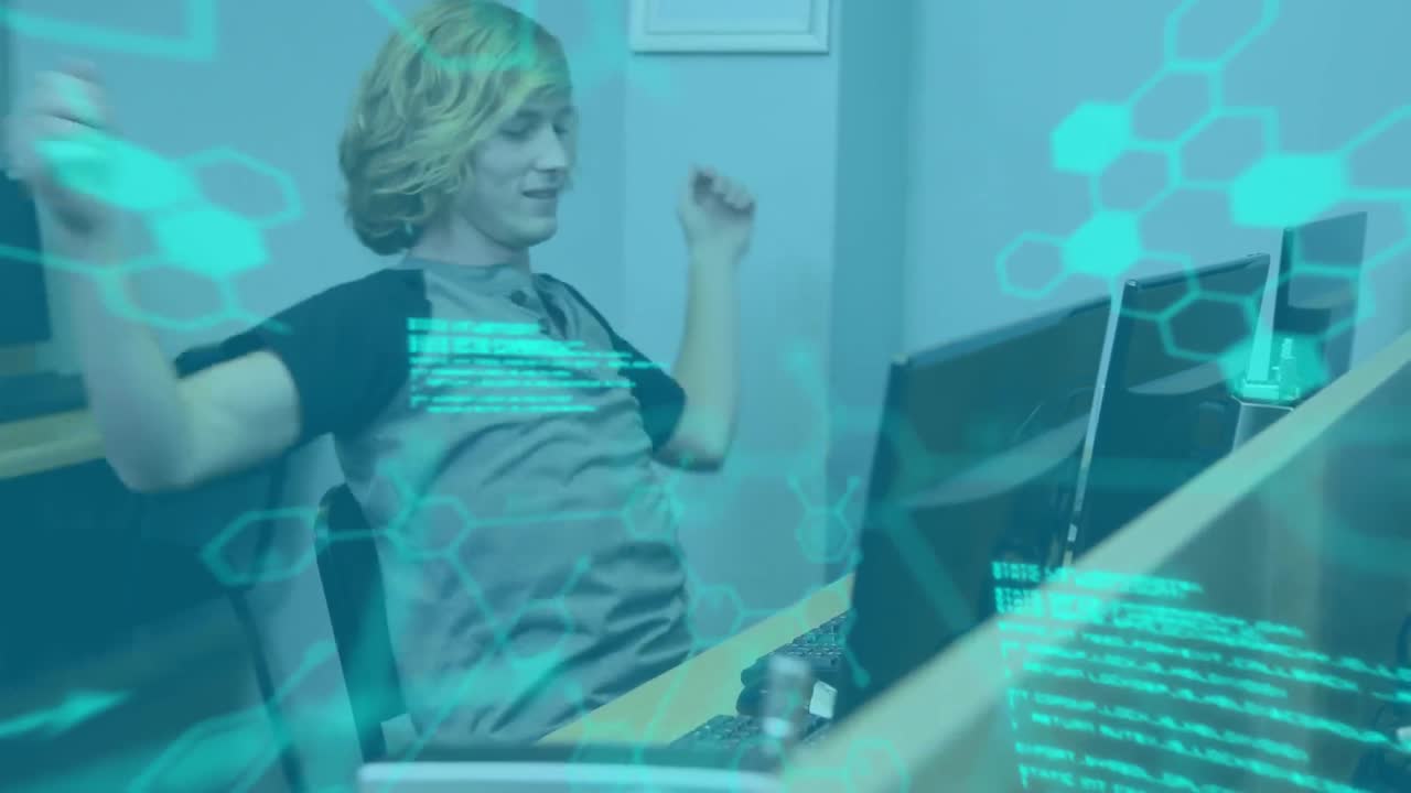 анимация обработки научных данных над студентом-мужчиной с помощью компьютера