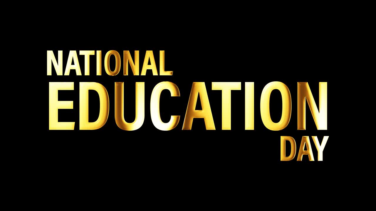 국립 교육의 날 골든 텍스트 루프 애니메이션: 타임 알파 채널을 사용하여 고립 된 단어를 사용하는 4k 3d 일러스트레이션