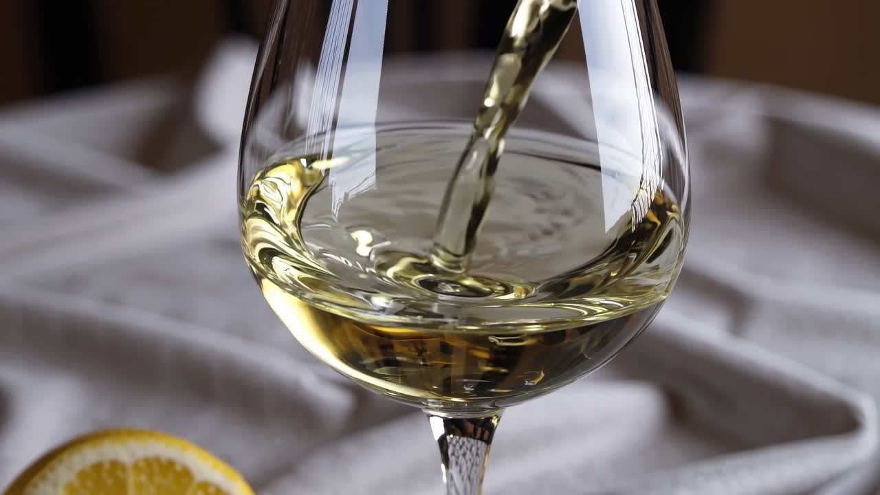 Pouring white wine into a glass on a table, accompanied by a vibrant lemon slice, creates a refreshing and inviting atmosphere perfect for celebrations or gatherings
