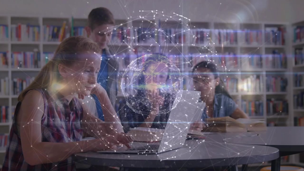 Left kid typing growing globe overlaying scene peers reading sheet and watching laptop learning